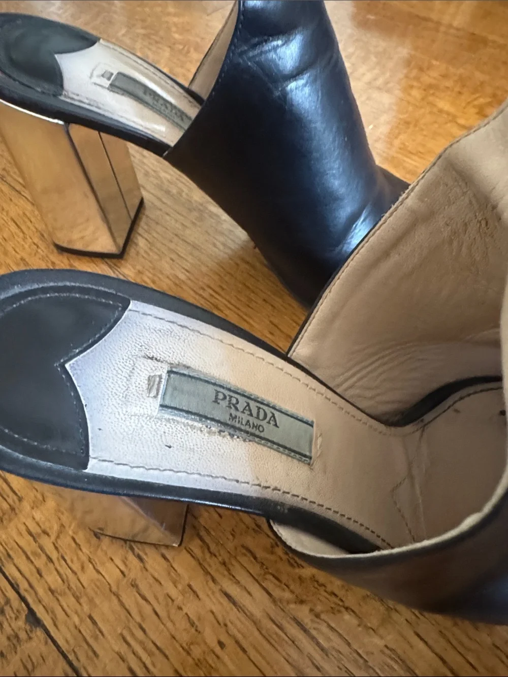 Prada Black Leather Open-Toe Booties with Clear Block Heel